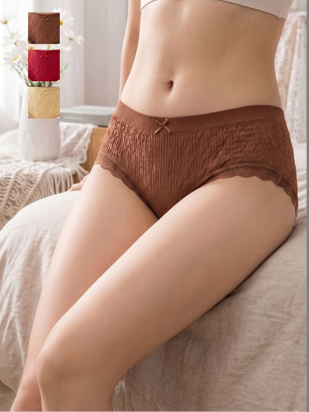 Amber Knots Women Pack of 3 Self Design Anti Bacterial Lace Basic Briefs