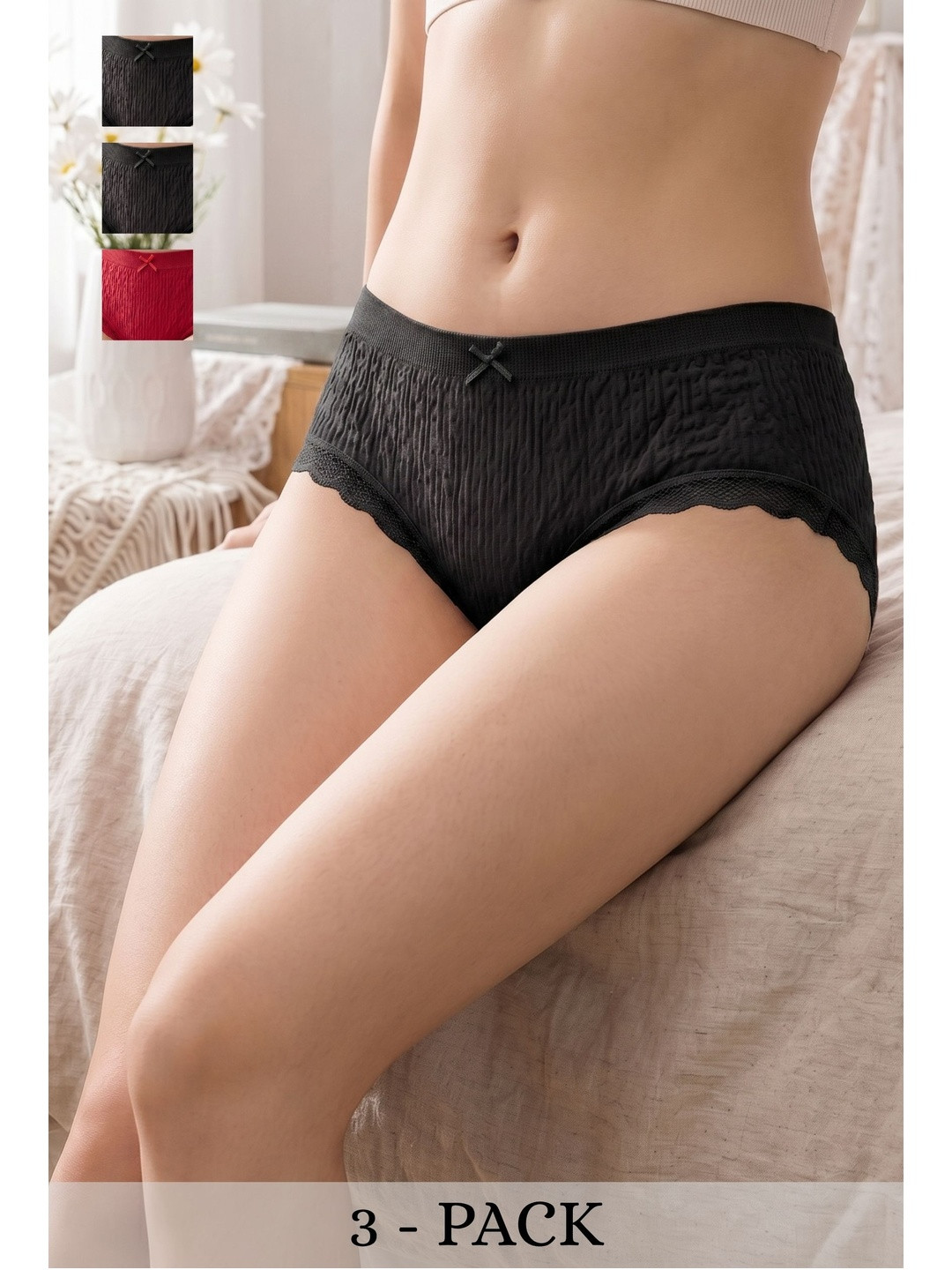 JIKADARA Women Pack of 3 Self Design Anti Bacterial Lace Basic Briefs