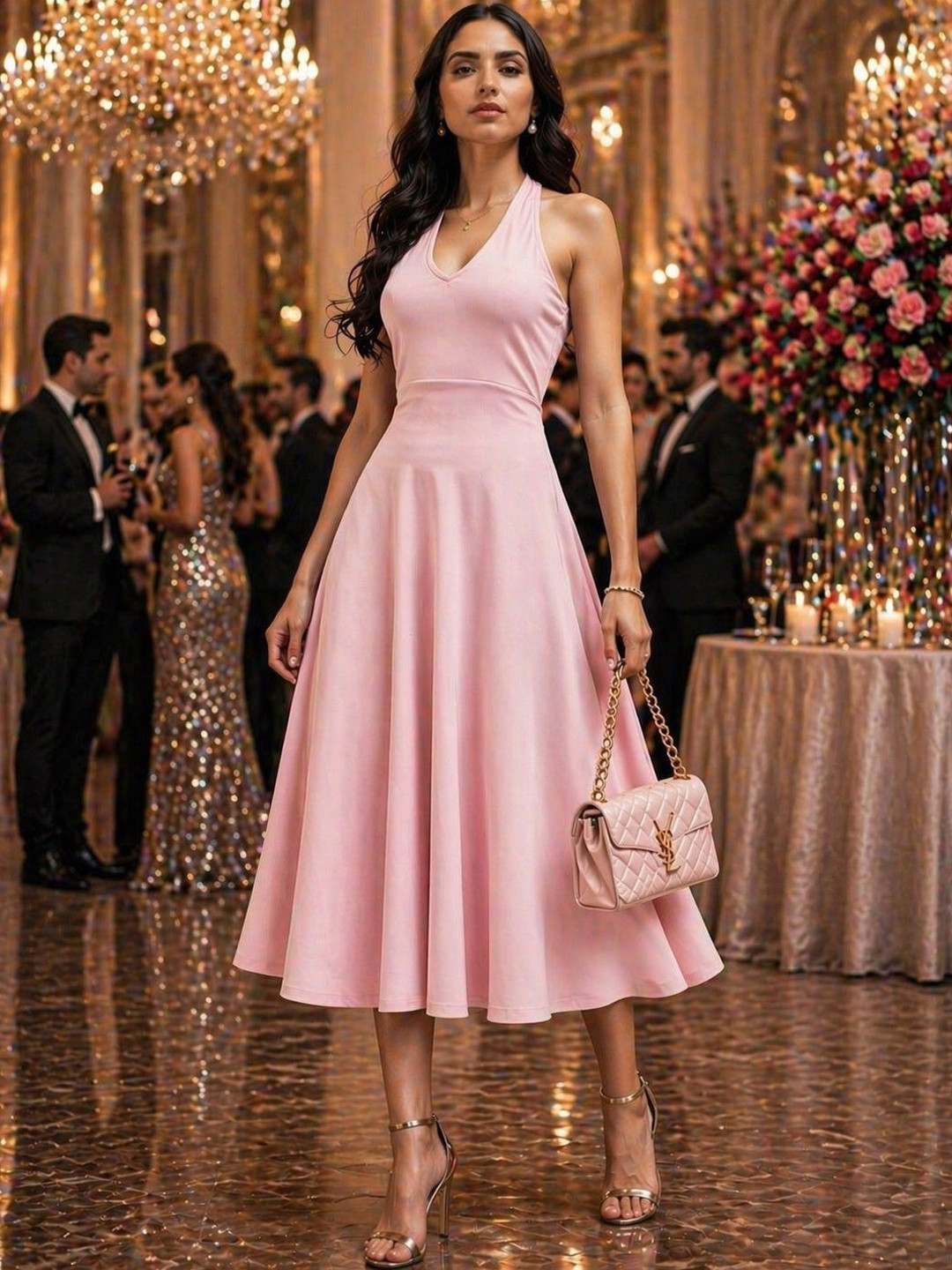 KASHIANXSTYLE Halter Neck Fit & Flare Midi Dress