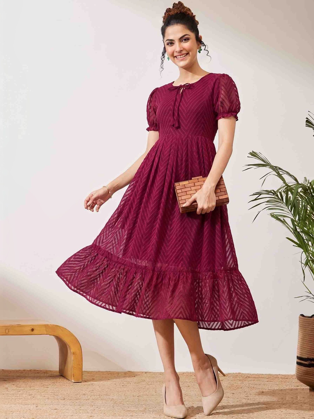 QENA Tie-Up Neck Puff Sleeve Ruffled Georgette Fit & Flare Midi Dress