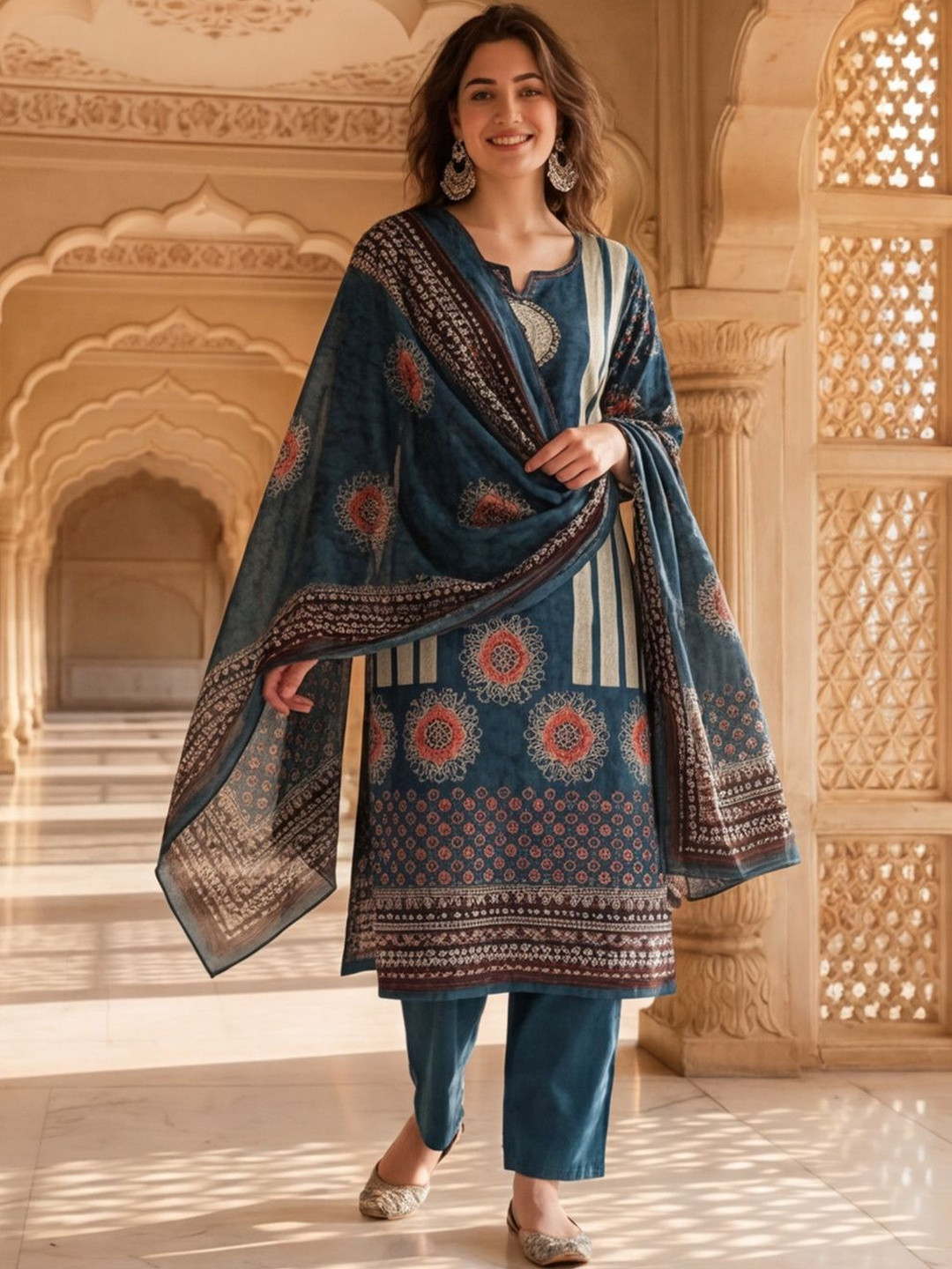 House of Pataudi Printed Pure Cotton Round Neck Kurta & Trousers With Dupatta