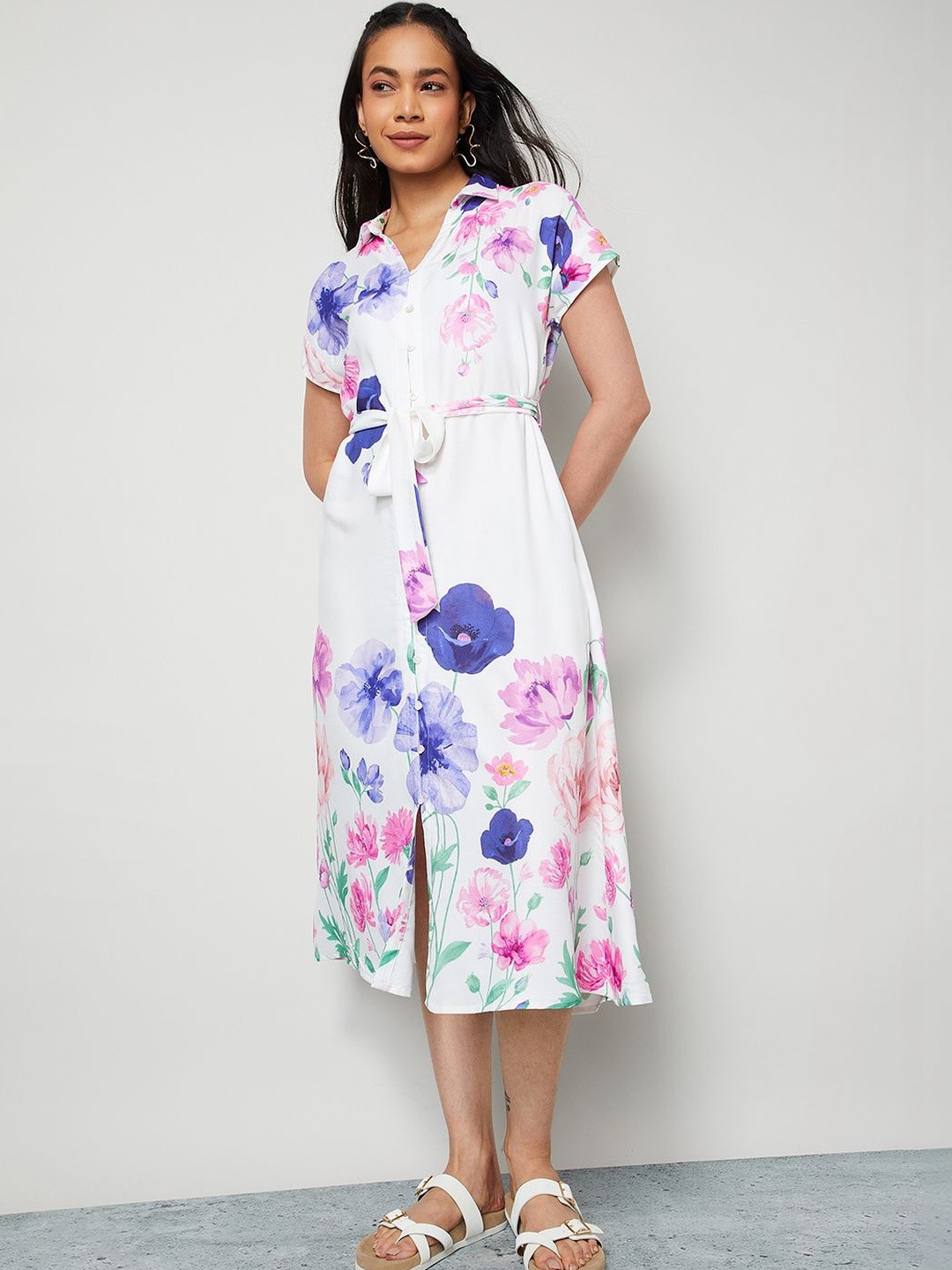 Colour Me by Melange Floral Print Shirt Midi Dress