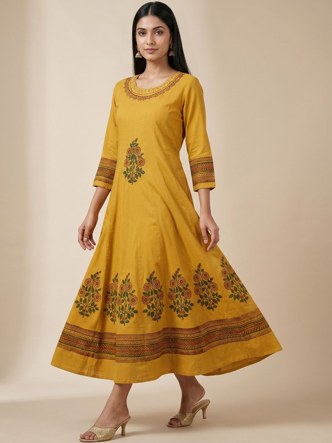 AADIVAA Floral Printed Round Neck Cotton A-Line Ethnic Dress