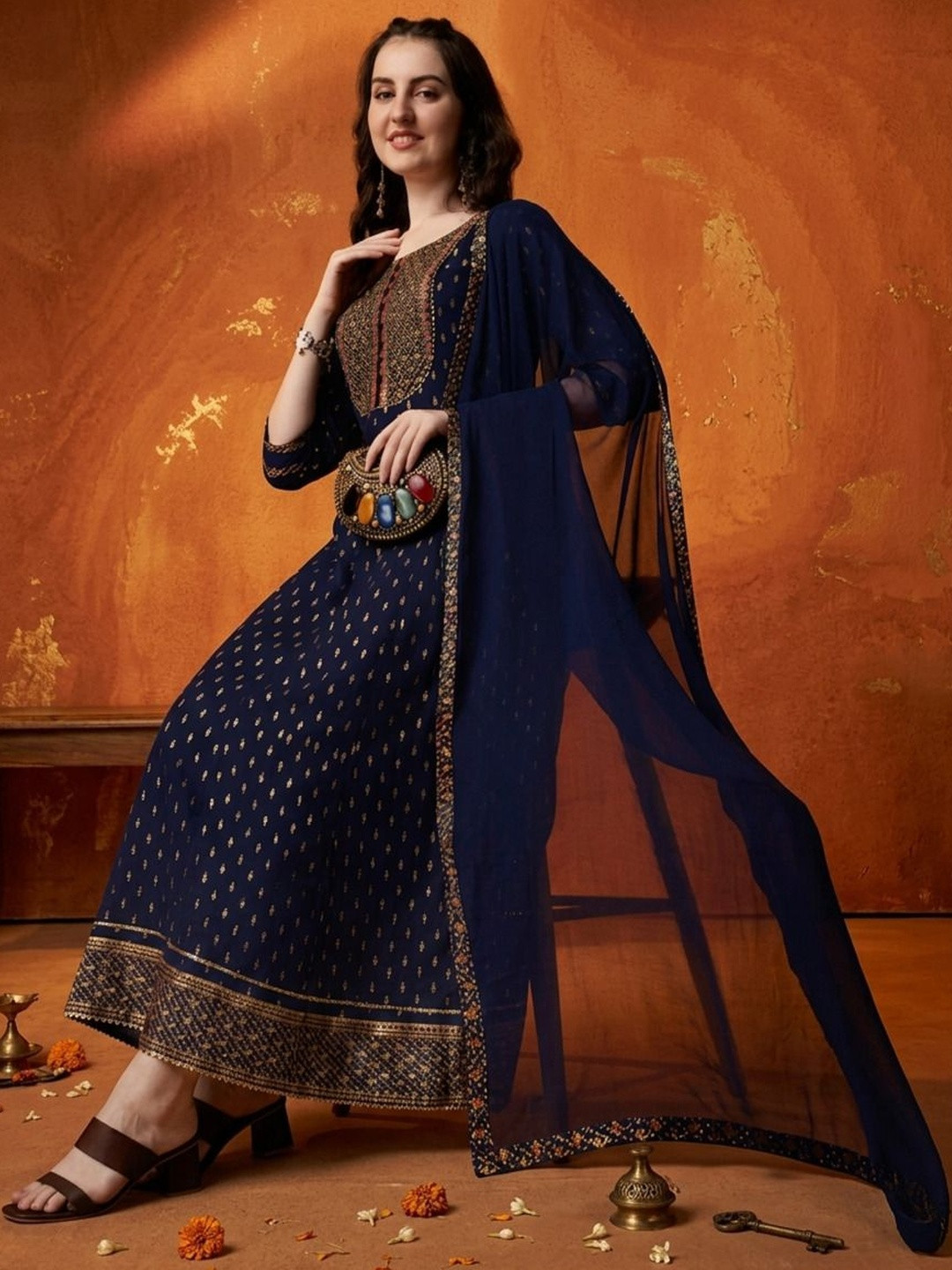 QUEENSFAB Women Ethnic Motifs Printed Regular Thread Work Kurta with Trousers & With Dupatta
