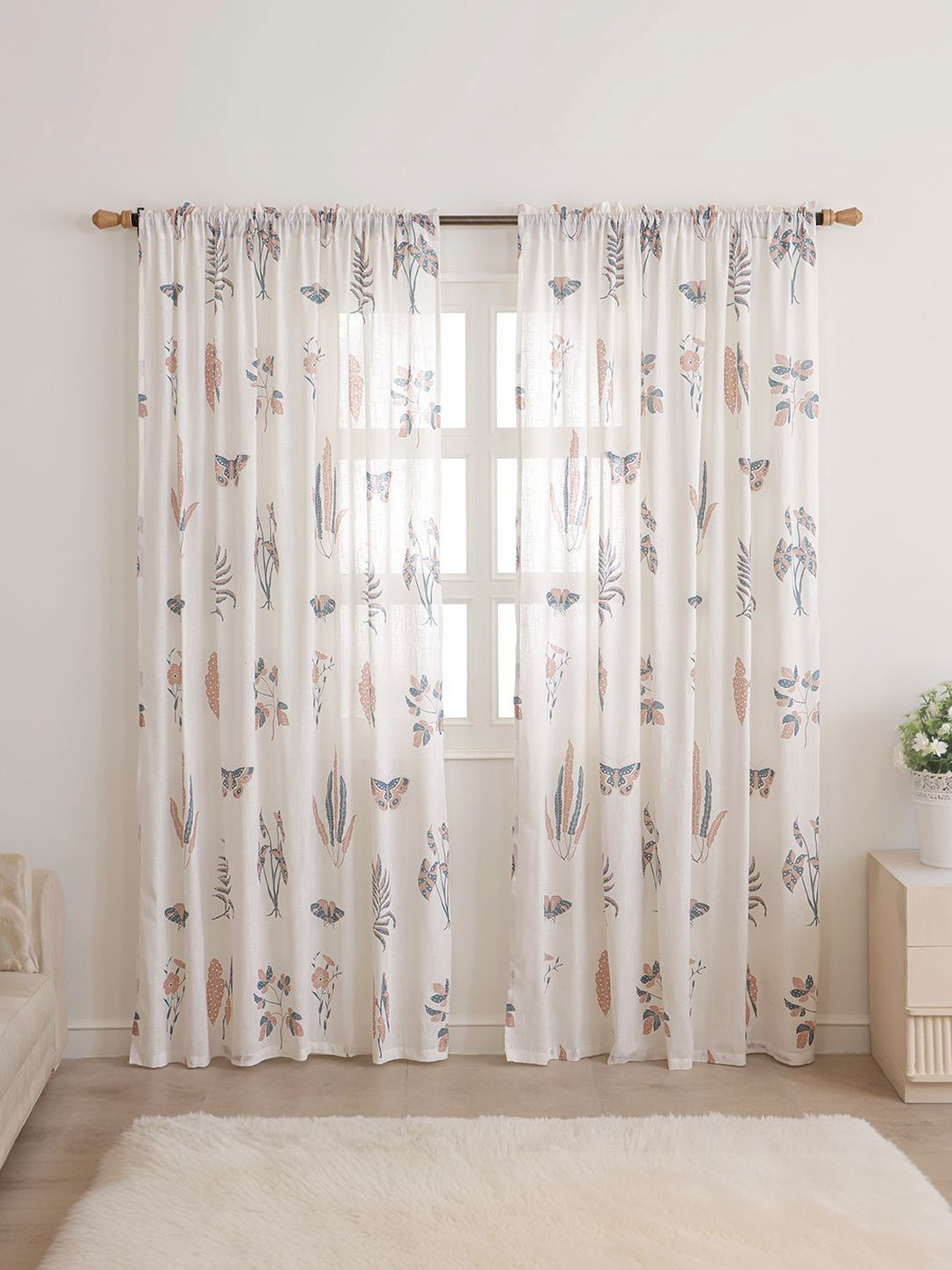 HOMEMONDE Peach-Coloured & Teal Set of 2 Floral Sheer Door Curtains and Sheers