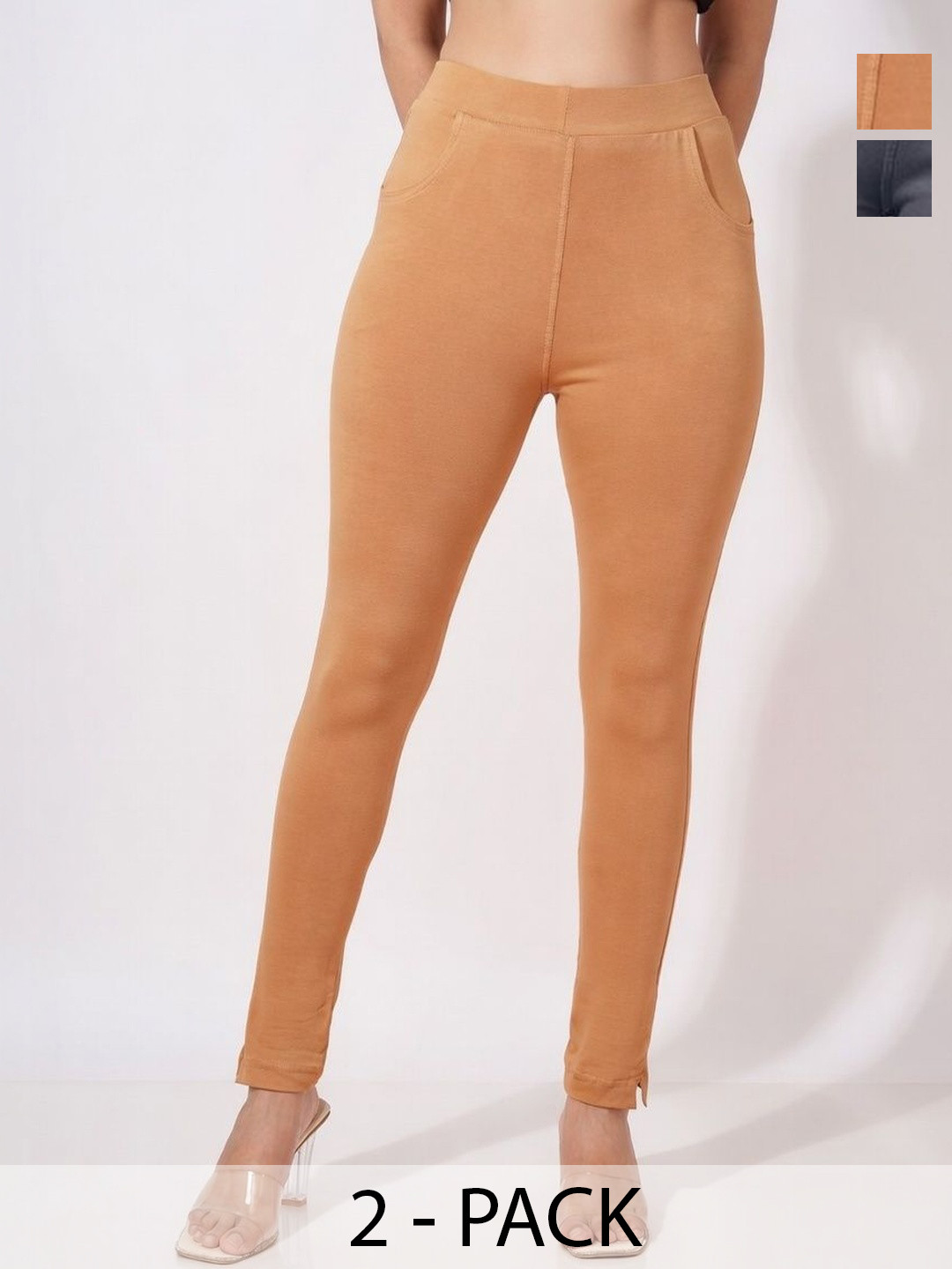 KALINI Women Pack of 2 Cotton Blend Solid Ankle Length Leggings