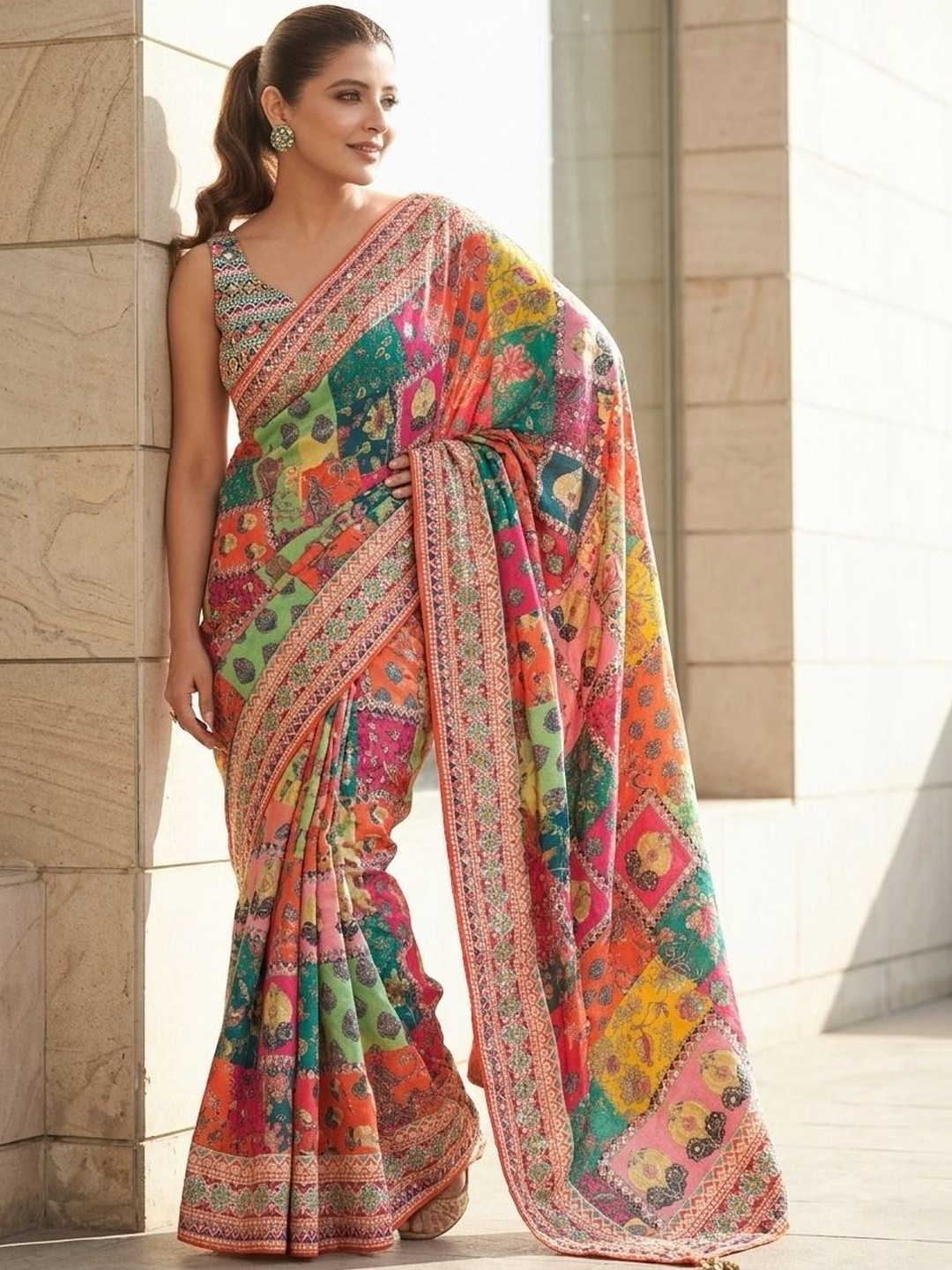 Kalista Ethnic Motifs Embroidered Mirror Work Pure Chiffon Saree