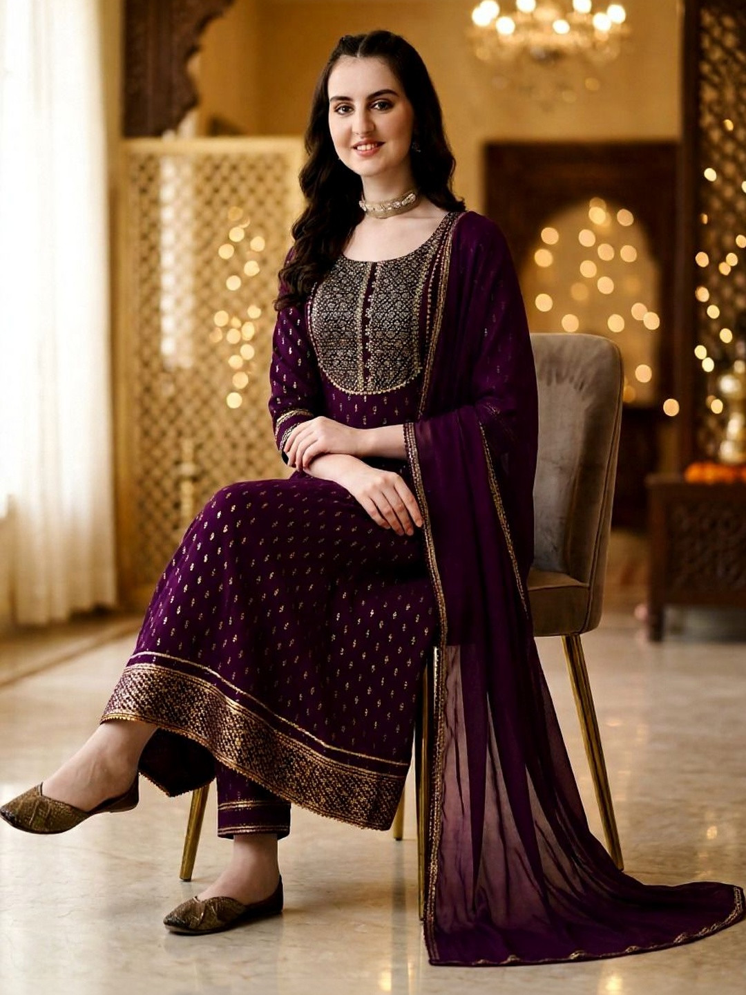 QUEENSFAB Women Ethnic Motifs Printed Regular Gotta Patti Kurta with Trousers & With Dupatta