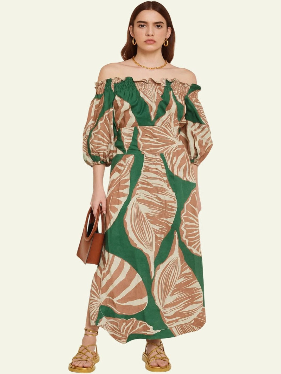 Tropical Print Off-Shoulder Puff Sleeve Midi Dress