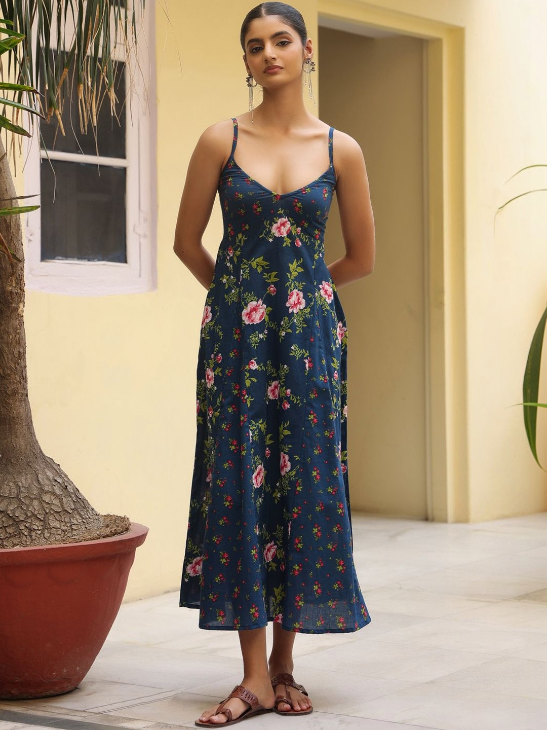 anayna Floral Print Fit & Flare Midi Dress