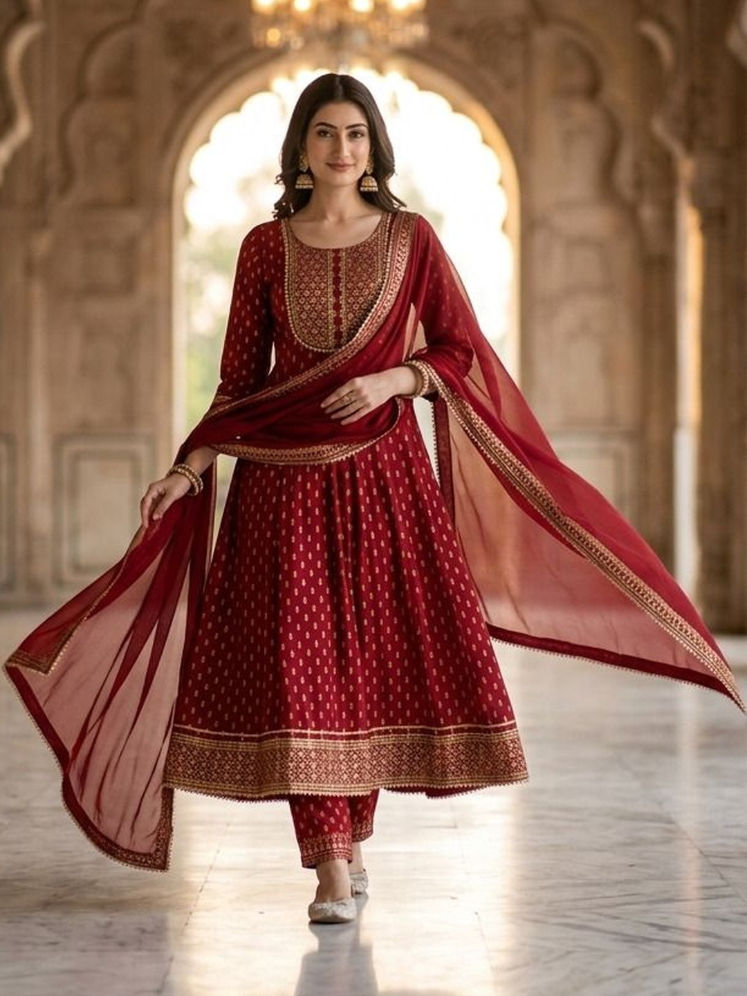 QUEENSFAB Women Ethnic Motifs Printed Panelled Thread Work Kurta with Trousers & With Dupatta