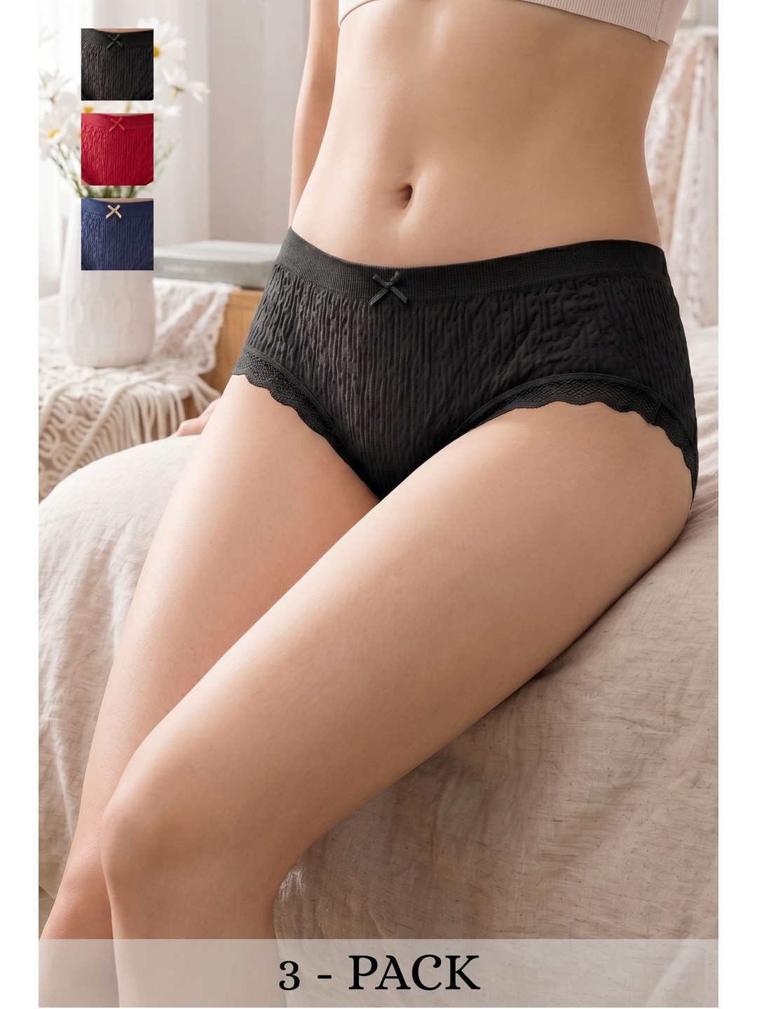 Amber Knots Women Pack of 3 Self Design Anti Bacterial Lace Basic Briefs