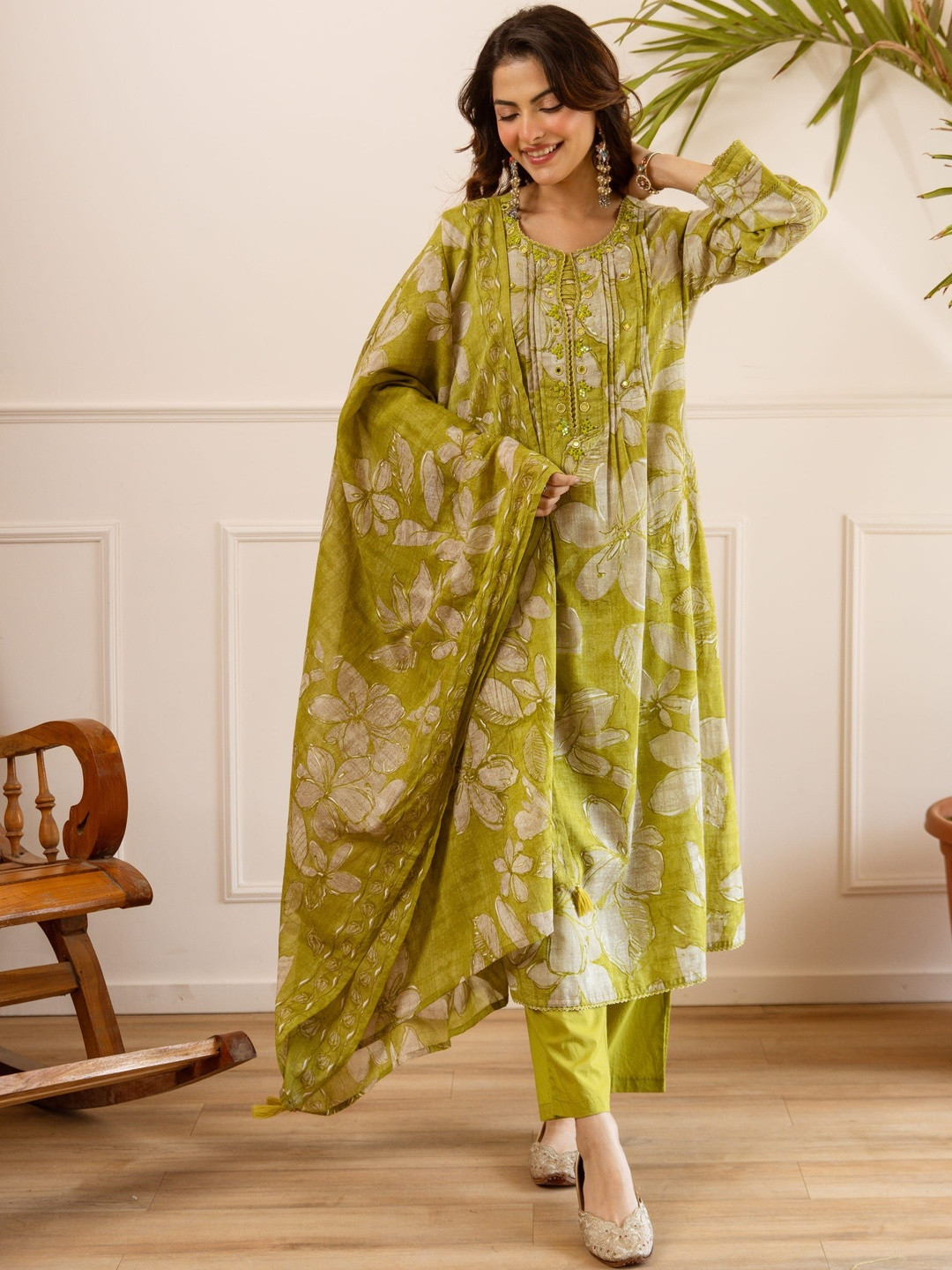 Sangria Printed Pure Cotton Round Neck Kurta & Trousers With Dupatta Kurta Set