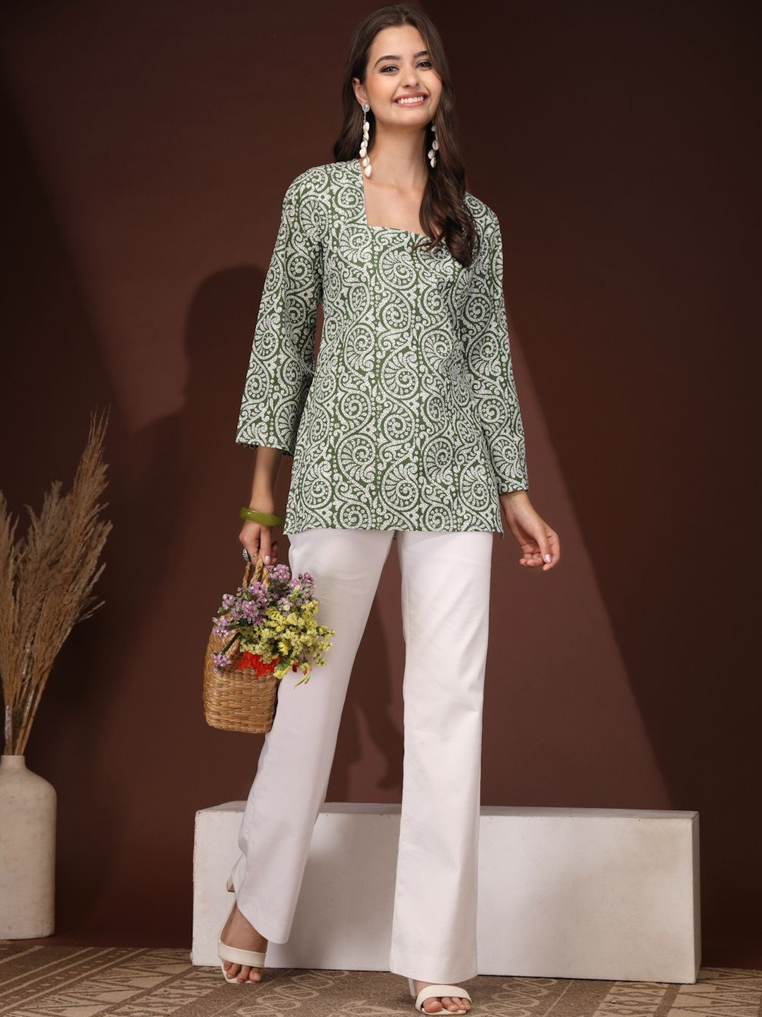 DAEVISH Print Flared Sleeve Ethnic Cotton Top