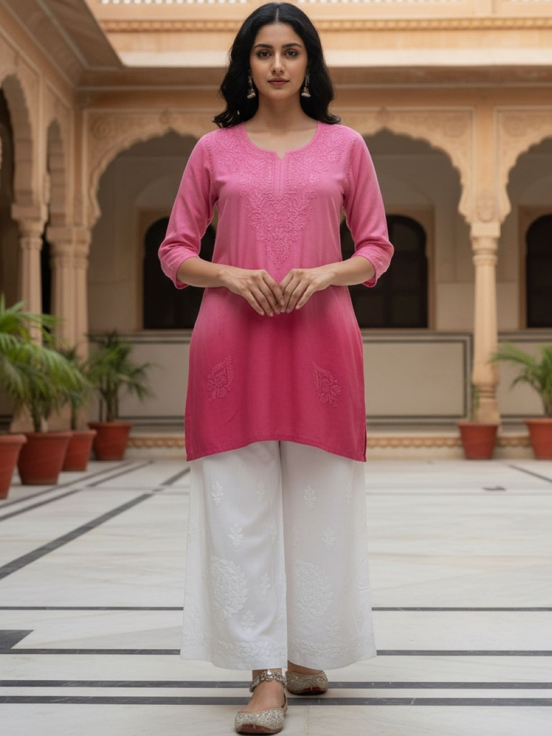 FashionChikan Art Ethnic Motifs Embroidered V-Neck Chikankari Chikankari Kurti