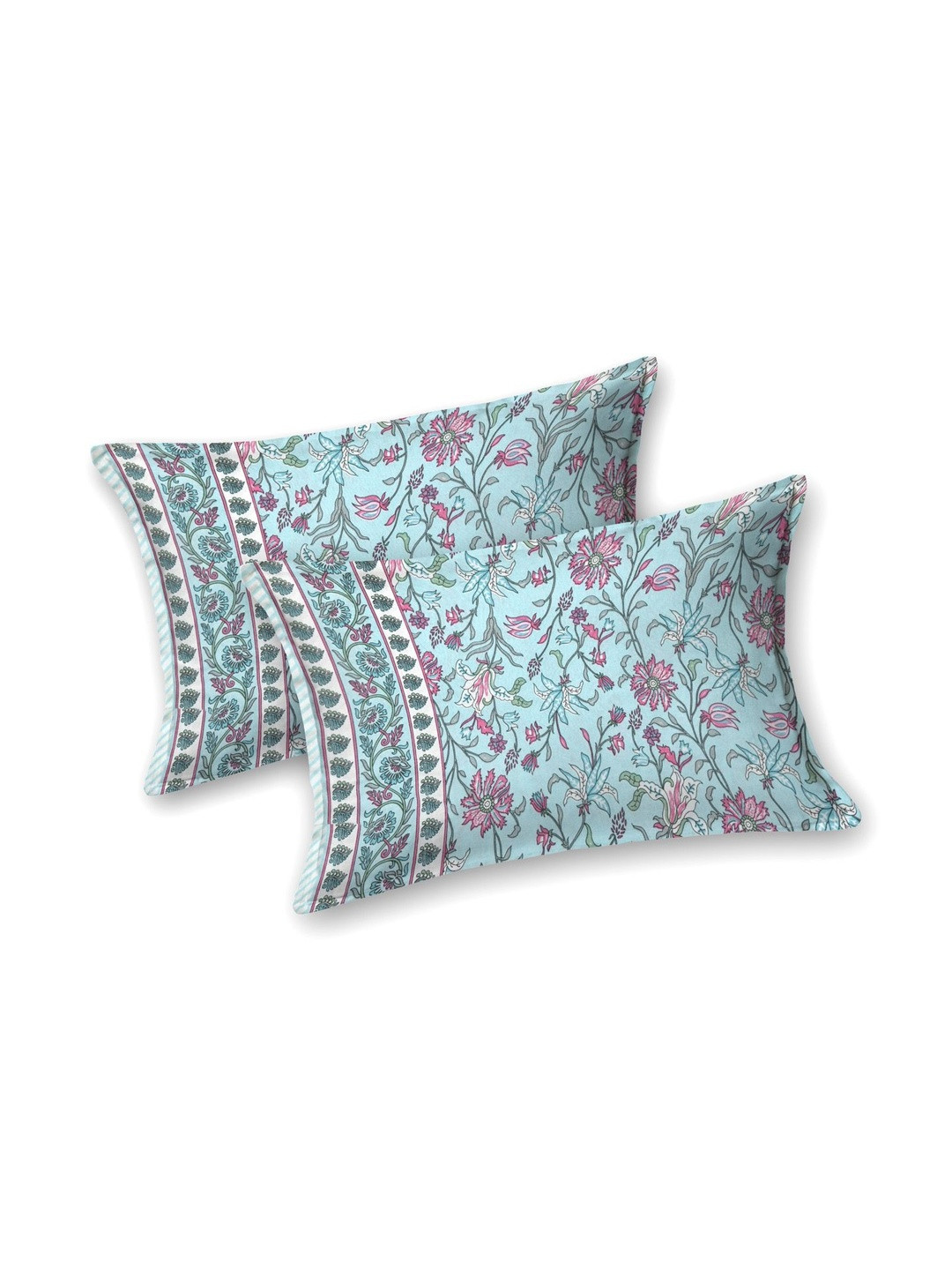 elanorhomes Blue & Pink 2 Pieces Floral Pure Cotton Rectangle Pillow Covers