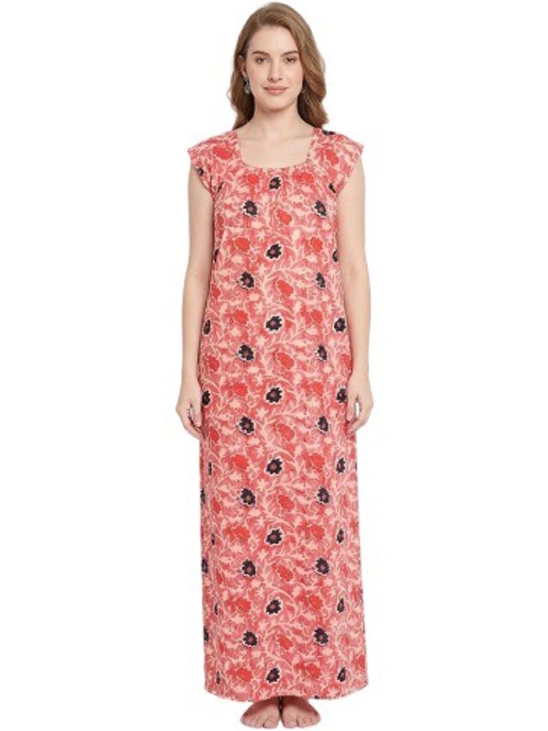 ANKONA Women Pure Cotton Sleeveless Everyday Maxi Nightdress With Side Pocket