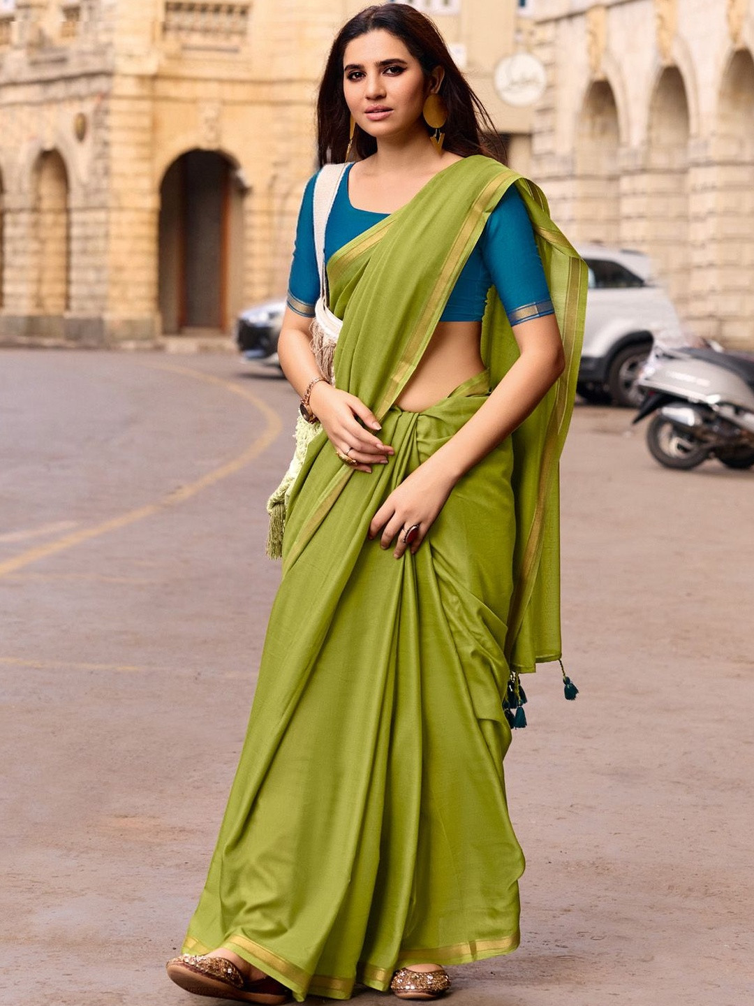 all about you Olive Ethnic Solid Saree With Matching Blouse