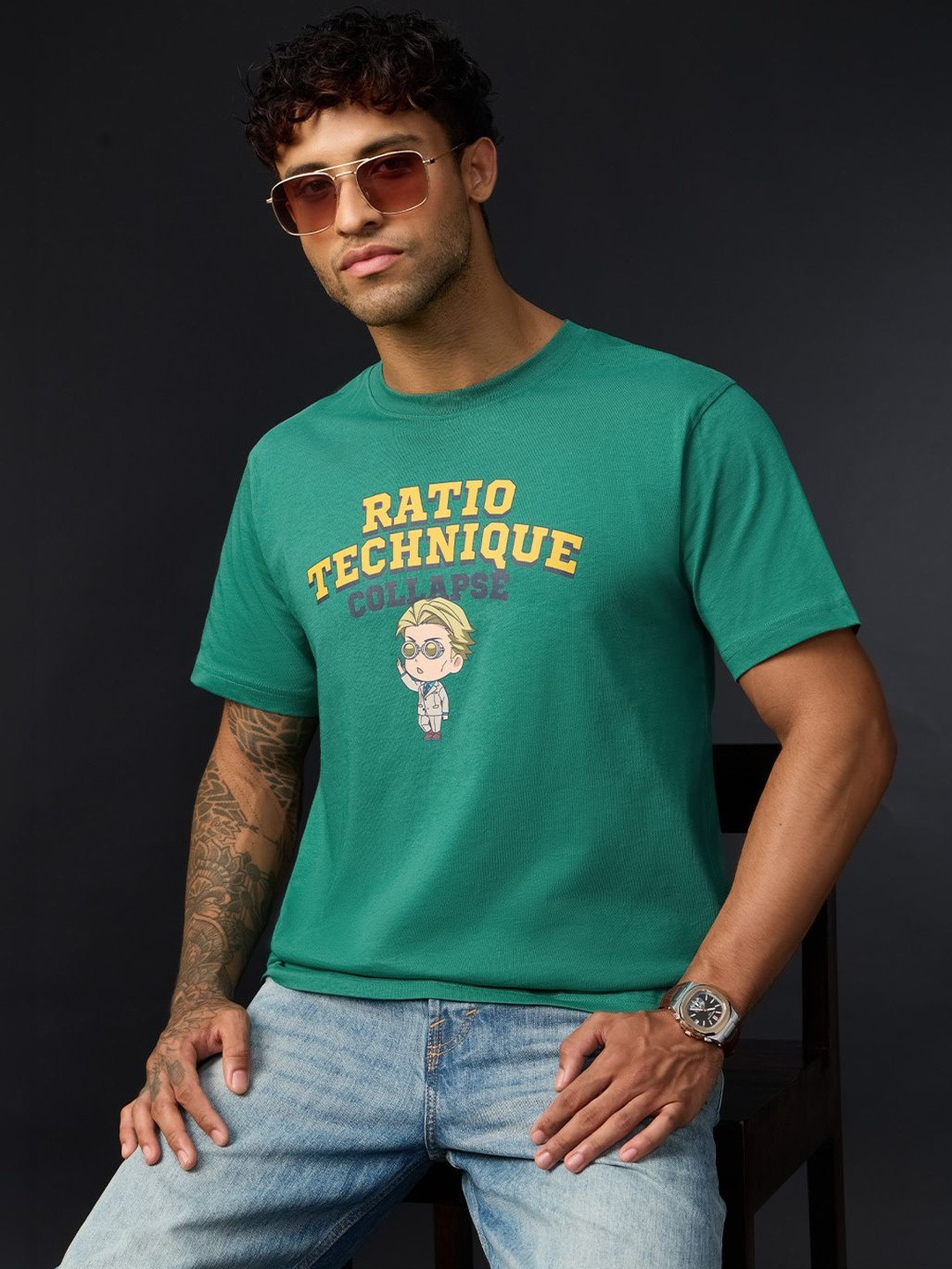 The Souled Store Men Relaxed Fit Jujutsu Kaisen Printed Green T-Shirts
