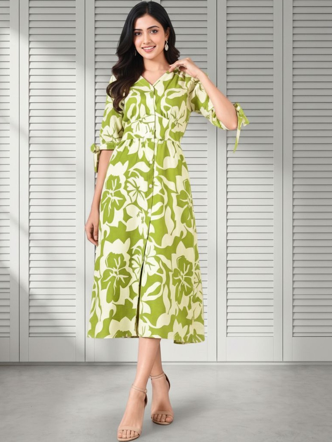 HERE&NOW Floral Print Crepe Fit & Flare Midi Dress