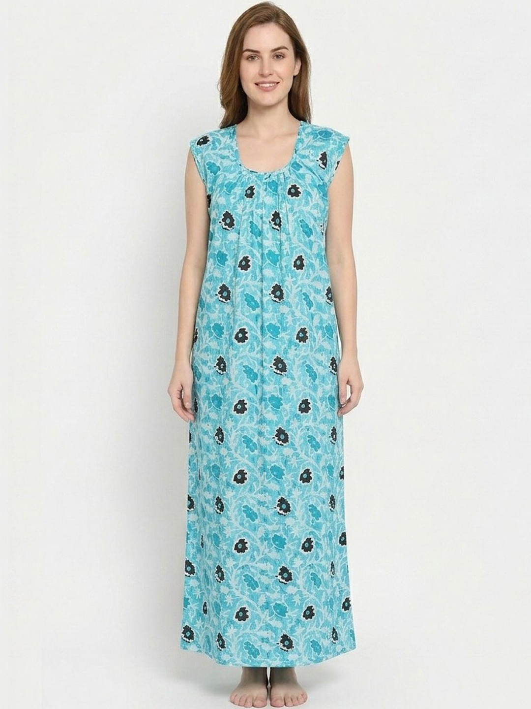 ANKONA Women Pure Cotton Sleeveless Everyday Maxi Nightdress With Side Pocket