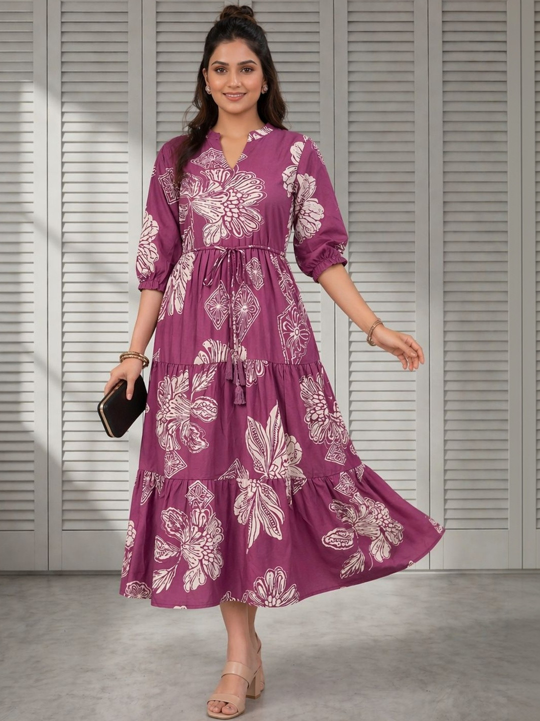 HERE&NOW Floral Print Crepe Fit & Flare Midi Dress