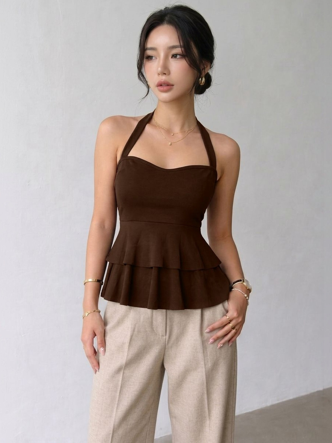 Tivante Halter Neck Ruffles Peplum Top
