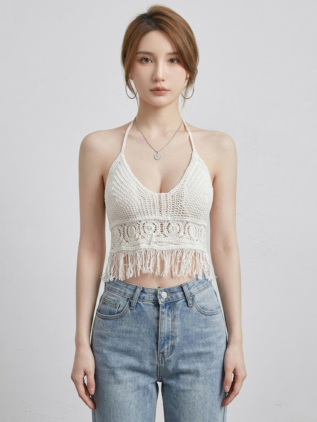Suo Halter Neck Fringed Bohemian Cotton Bralette Crop Top