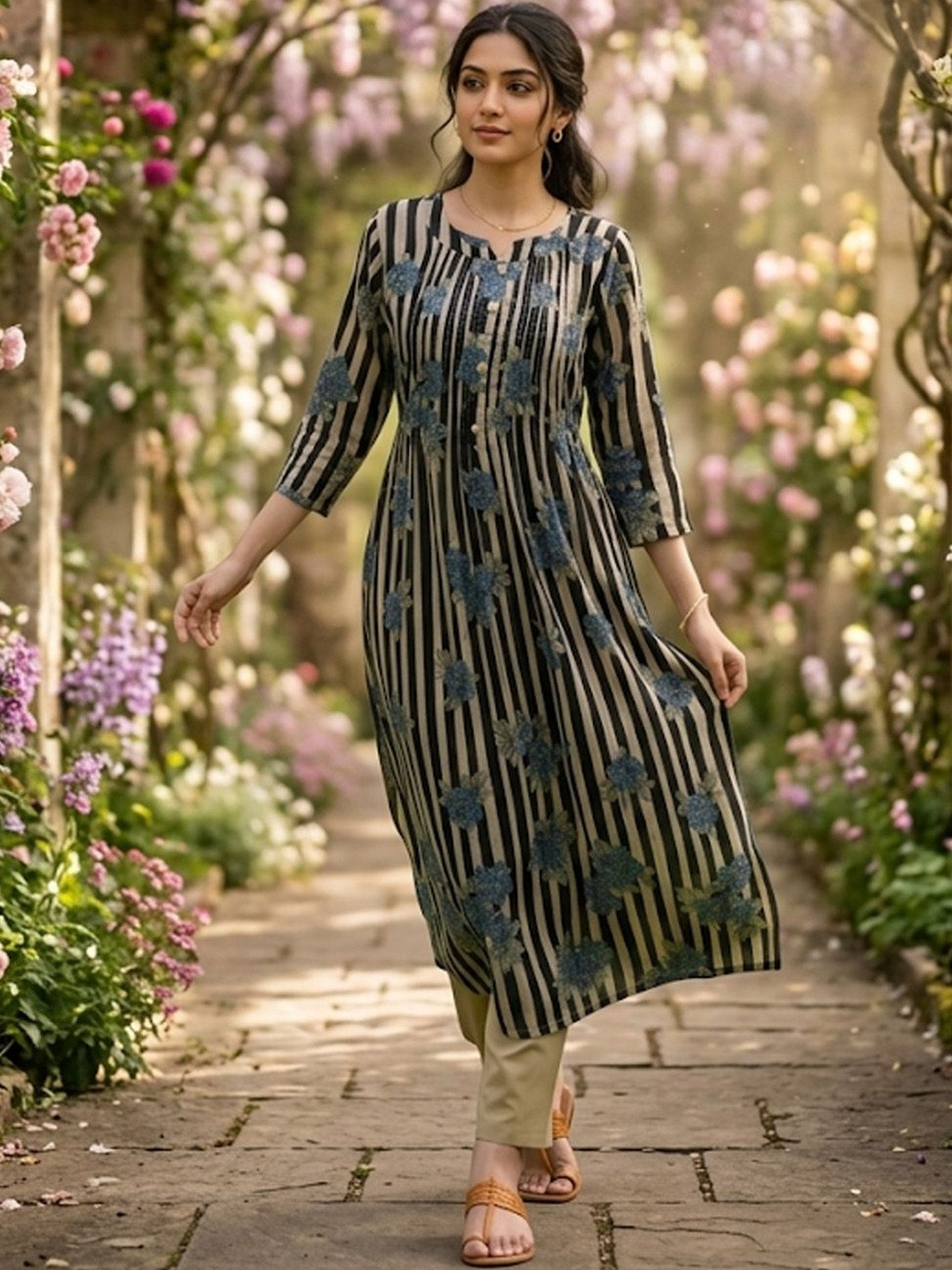 House of Pataudi Printed Round Neck Kurta & Trousers