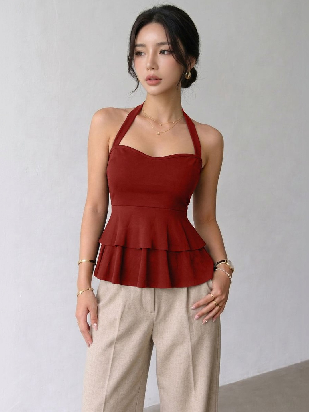 Tivante Halter Neck Ruffles Peplum Top
