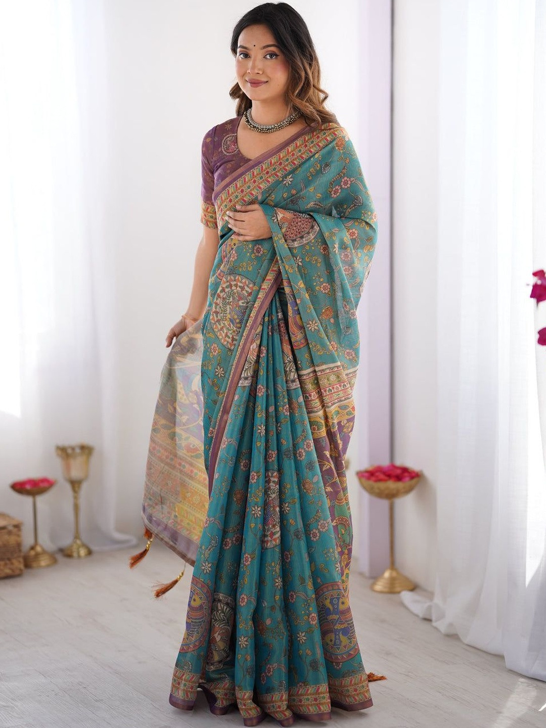 Siya Fashion Floral Printed Linen Blend Saree With Blouse