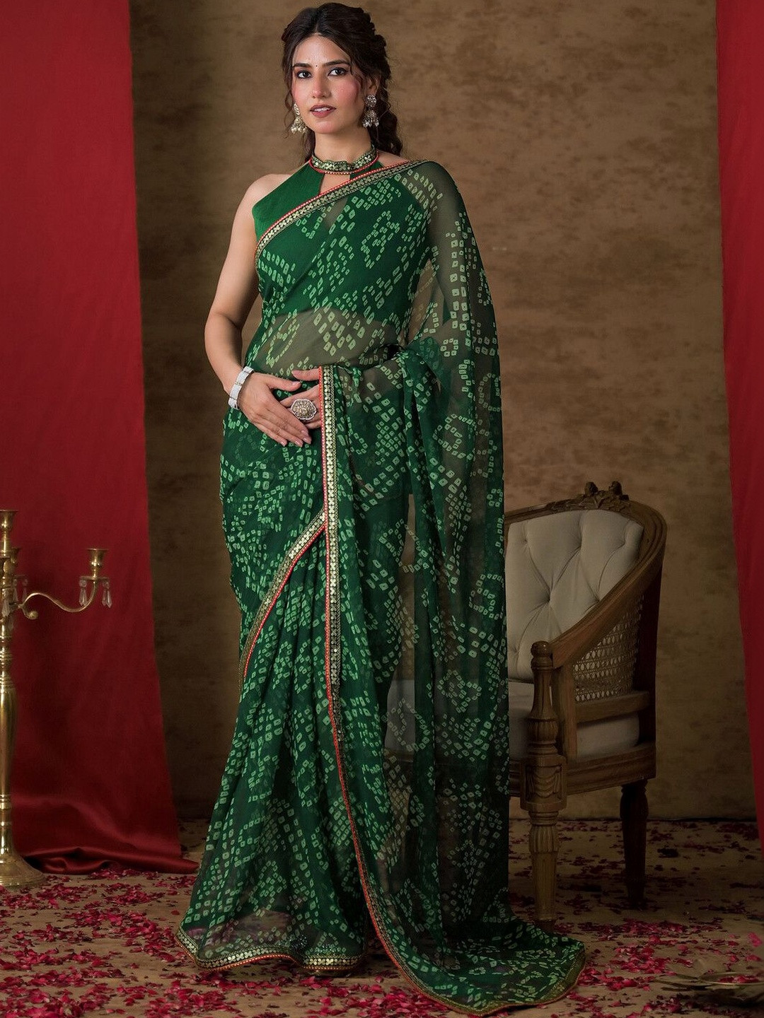 KALINI Bandhani Sequinned Pure Chiffon Saree