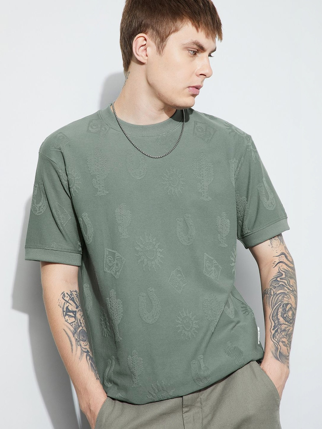 SmileyWorld Men Self Design Regular Fit Cotton T-shirt