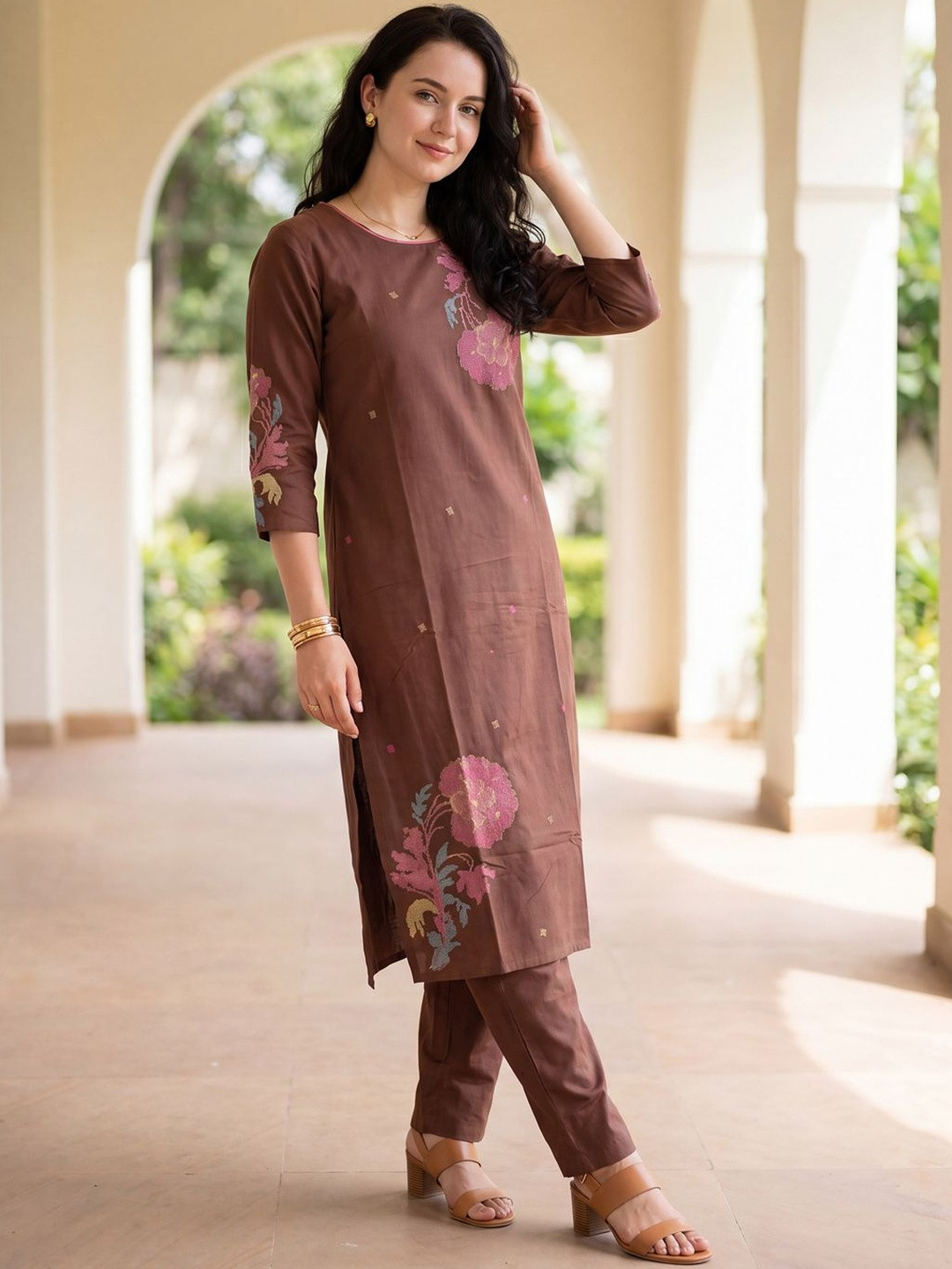 Indo Era Women Floral Embroidered Regular Thread Work Kurta with Trousers