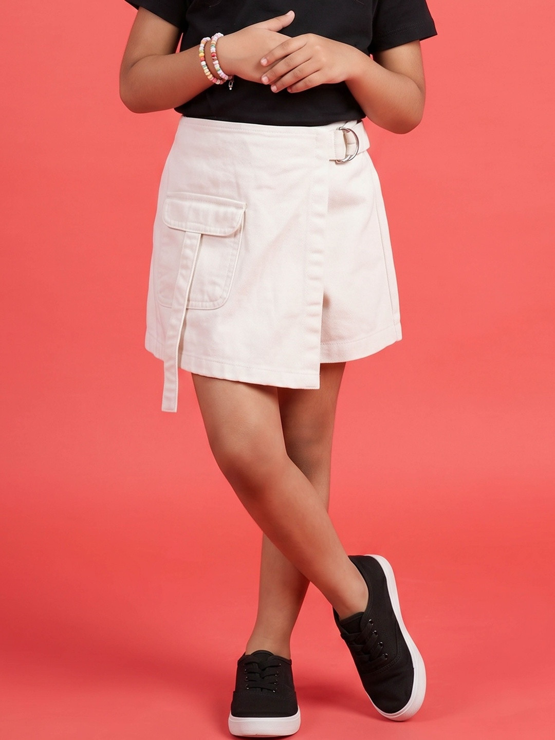 KiddoPanti Girls Denim Blend Cotton Cambric Utility or Military Inspired Above Knee Skorts Skirt