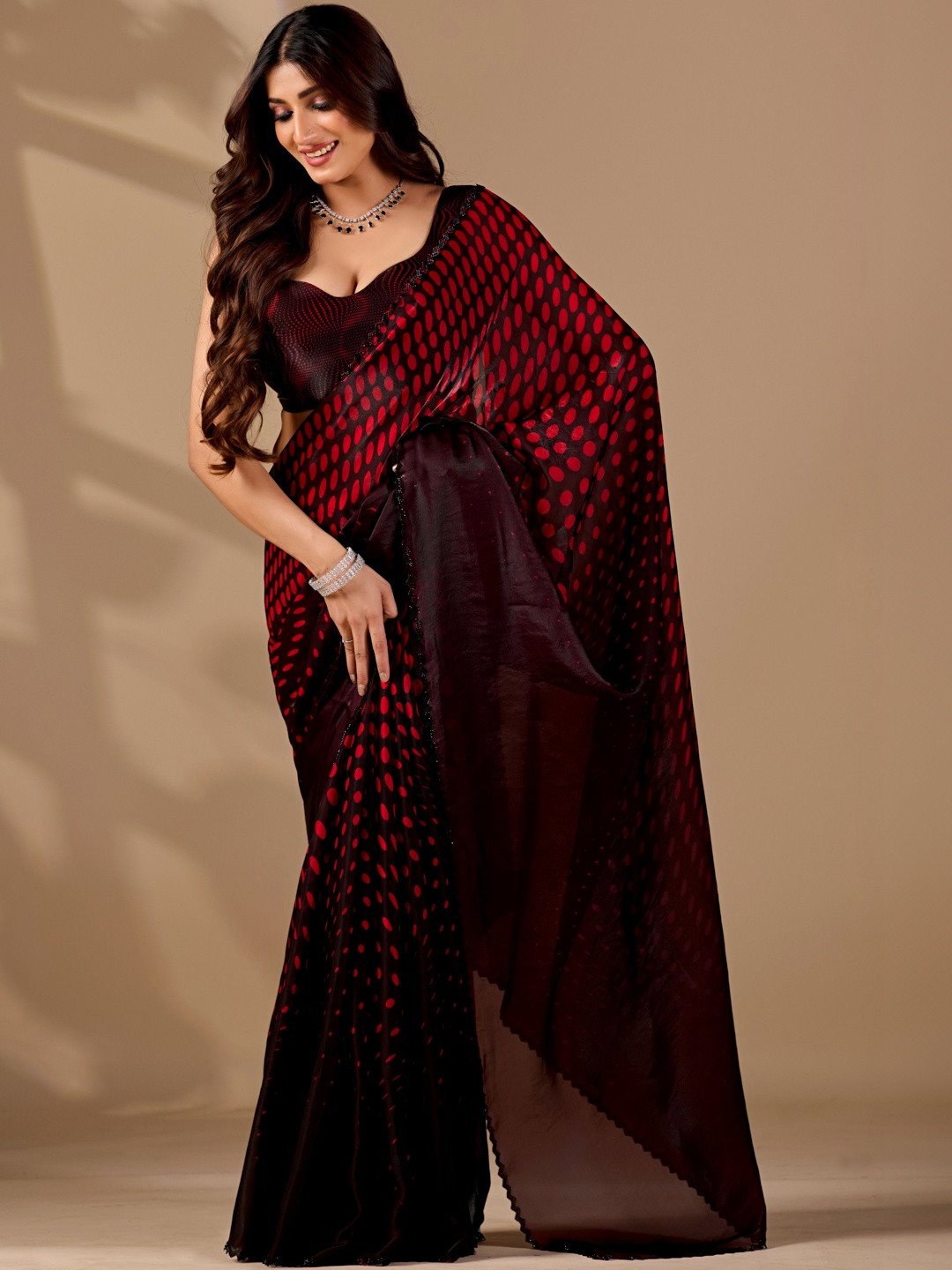 KIYAA FASHION Polka Dot Beads and Stones Organza Designer Saree