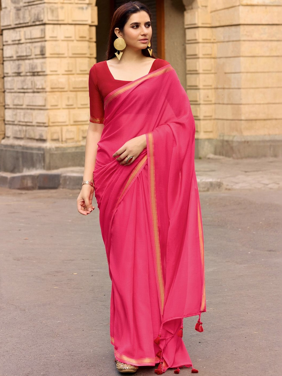 all about you Pink Ethnic Solid Saree With Matching Blouse