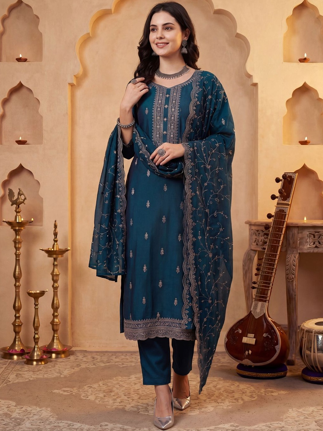 Indo Era Women Ethnic Motifs Embroidered Regular Thread Work Kurta With Trousers & Dupatta