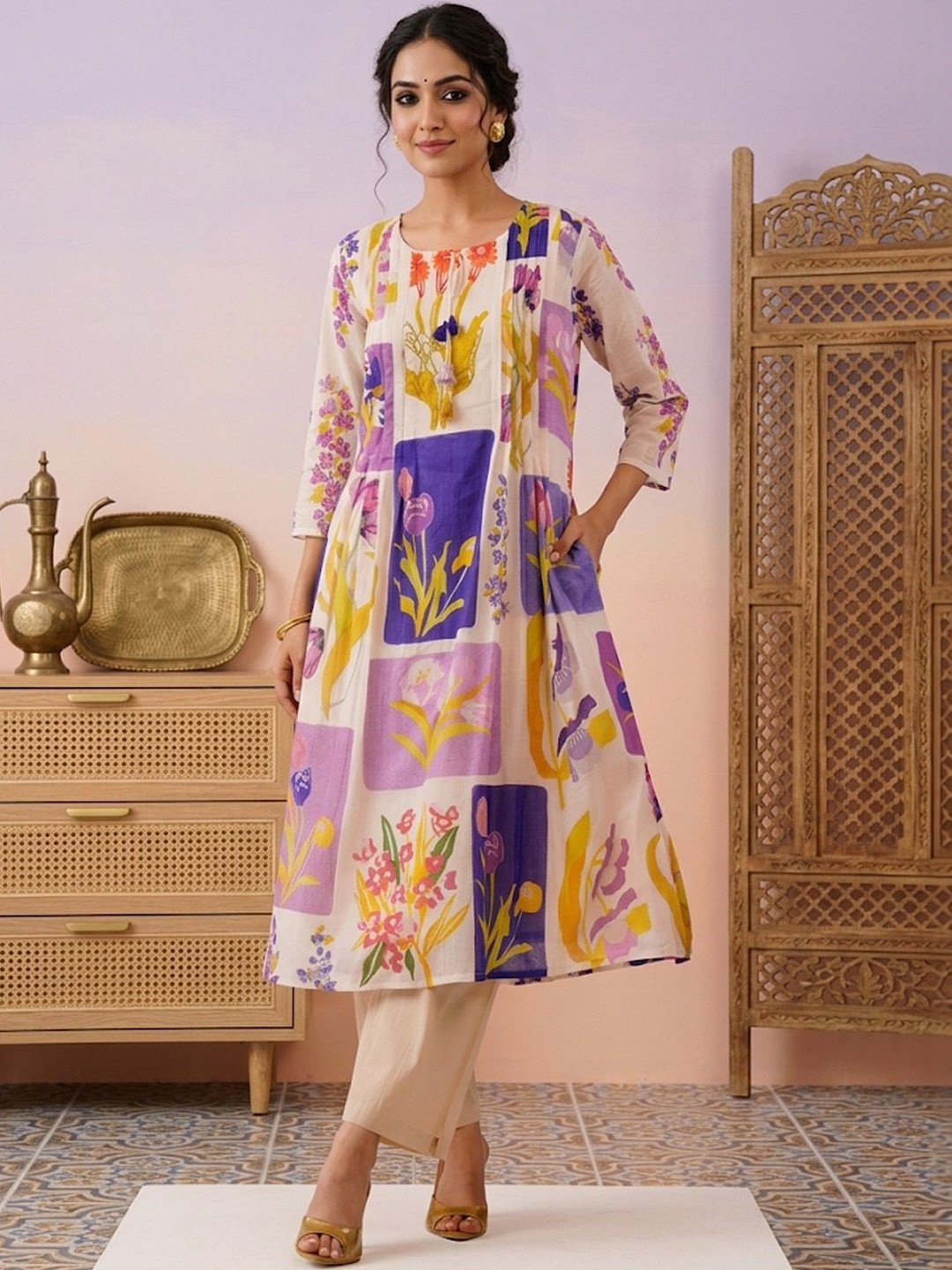 House of Pataudi Printed Round Neck Kurta & Trousers