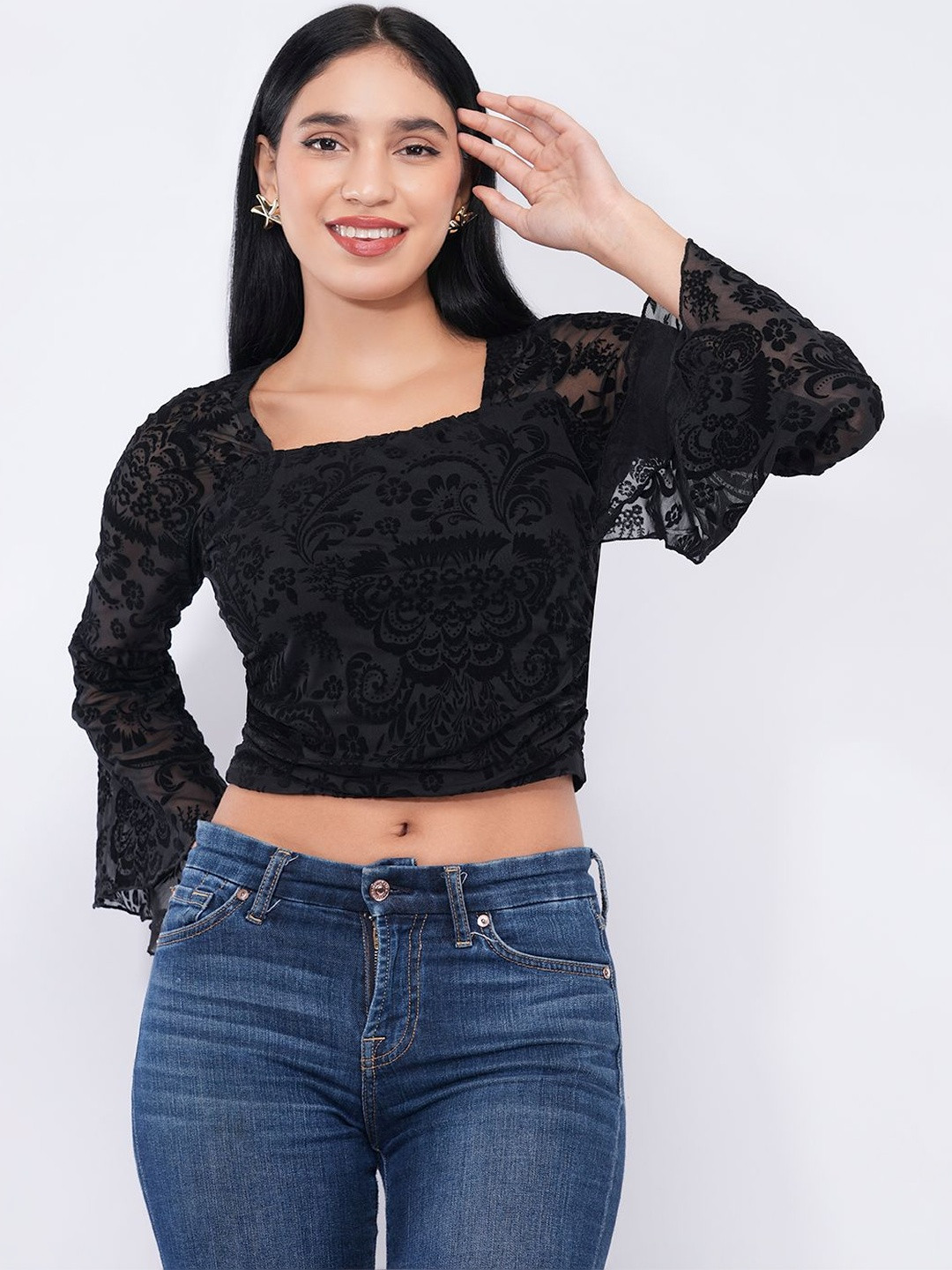 Deshi Girl Bell Sleeve Net Crop Top