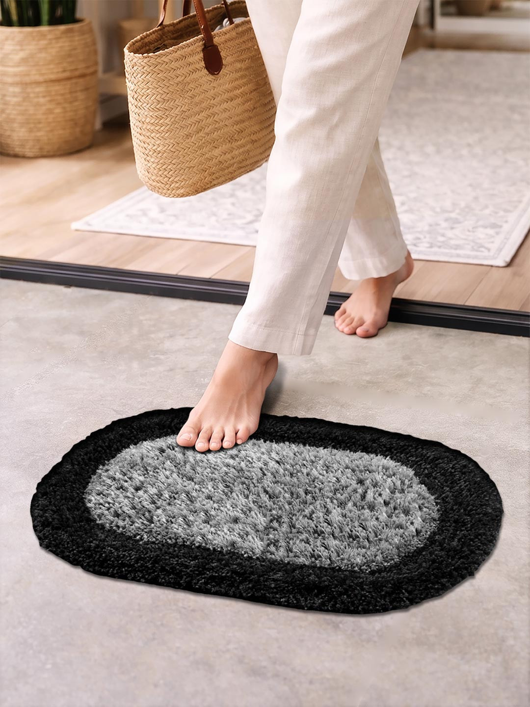 FABINALIV Grey & Black Embossed Anti-Skid Door Mat