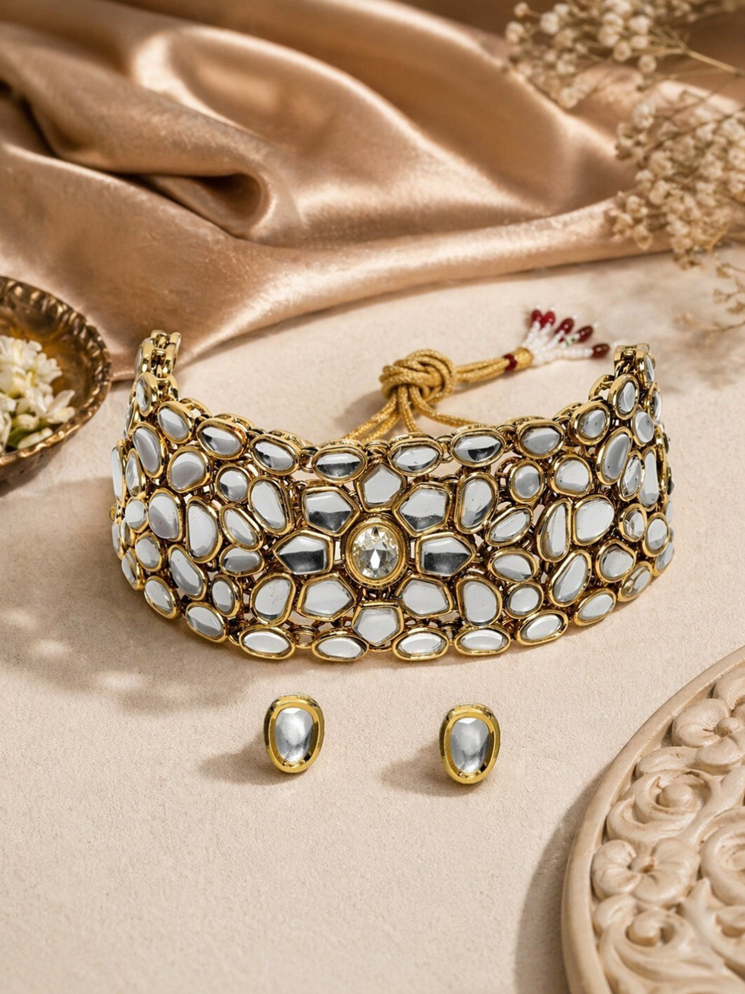 AccessHer White Gold-Plated AD Studded Choker Jewellery Set