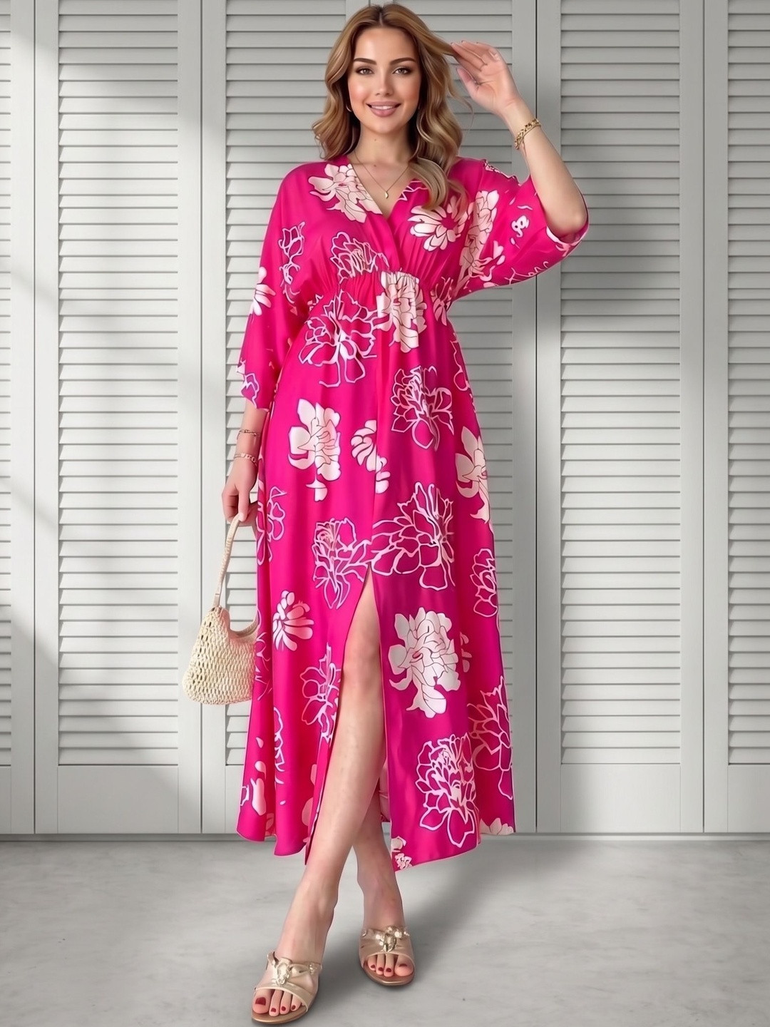 HERE&NOW Floral Print Kimono Sleeve Crepe Midi Dress