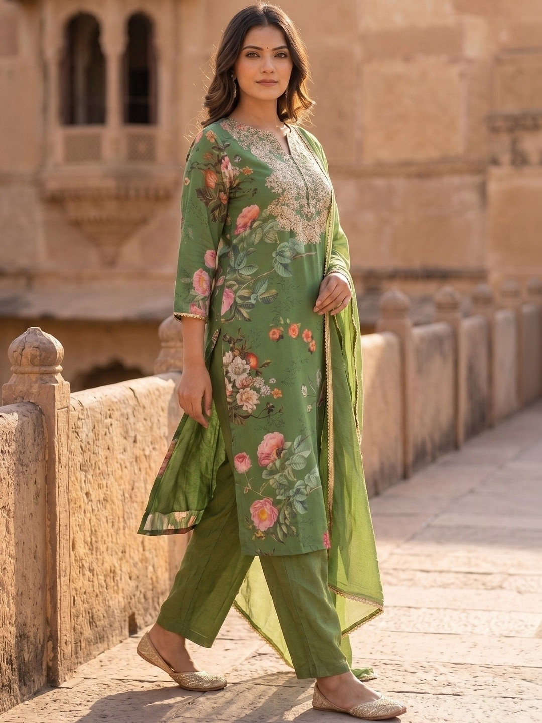 House of Pataudi Printed Georgette V-Neck Kurta & Trousers With Dupatta