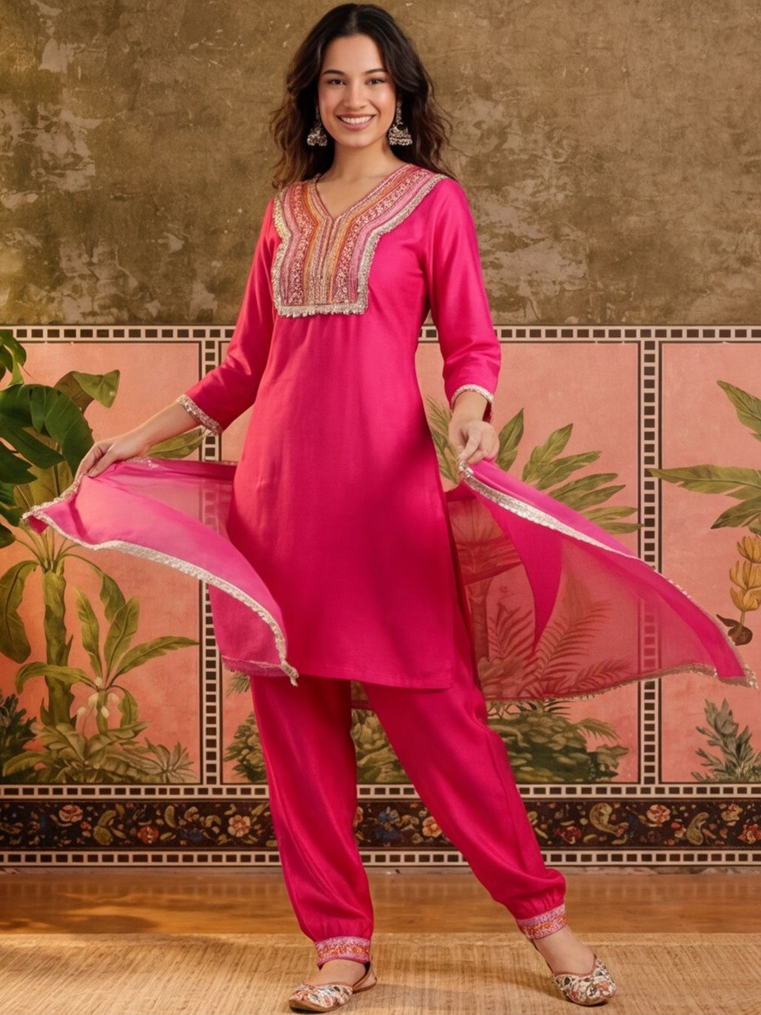 Sangria Women Pink Solid Print Embroidery & Sequinned Work Kurta Afagani Salwar & Dupatta