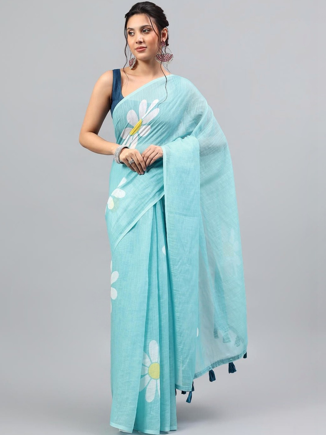 SAMANTHA Floral Printed Zari Linen Blend Saree