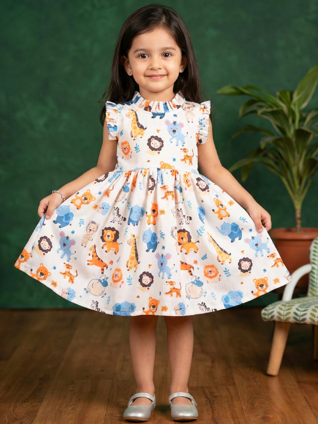 STANWELLS KIDS Animal Print Flutter Sleeve Net Fit & Flare Dress