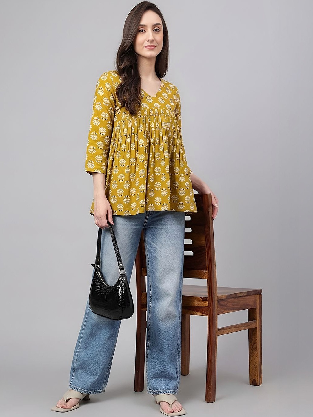Janasya Mustard Floral Print Bell Sleeve Cotton Top
