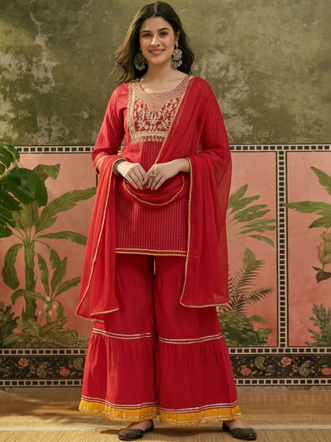 Sangria Yoke Design Pure Cotton Round Neck Kurta & Sharara With Dupatta