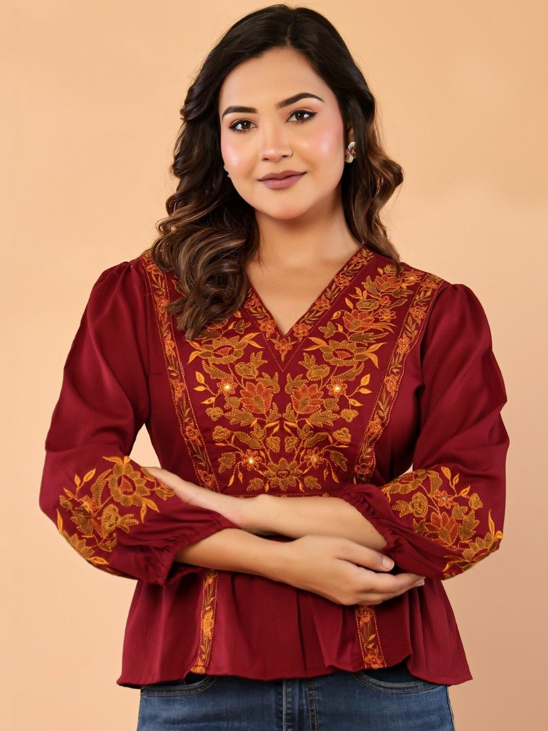 BANDIA Floral Embroidered Bishop Sleeves Ethnic Crepe Peplum Top